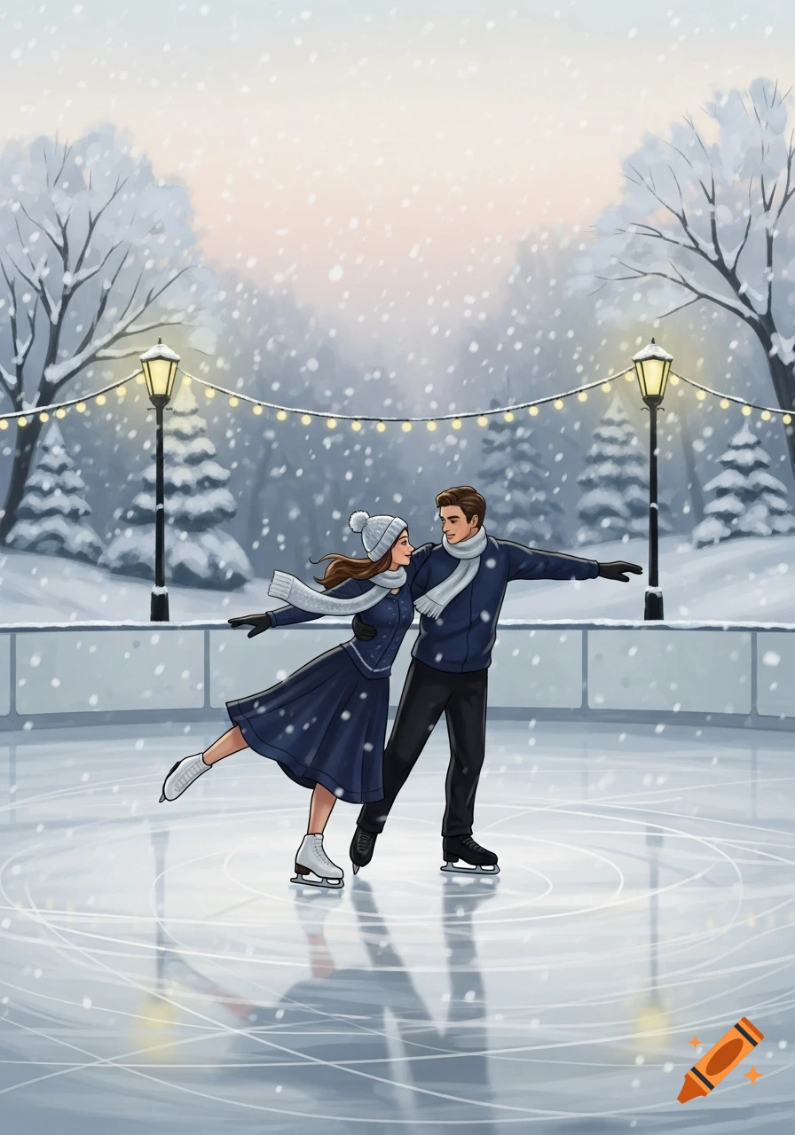 A cartoon couple ice skating in a snowy park under string lights, with trees and lampposts in the background.