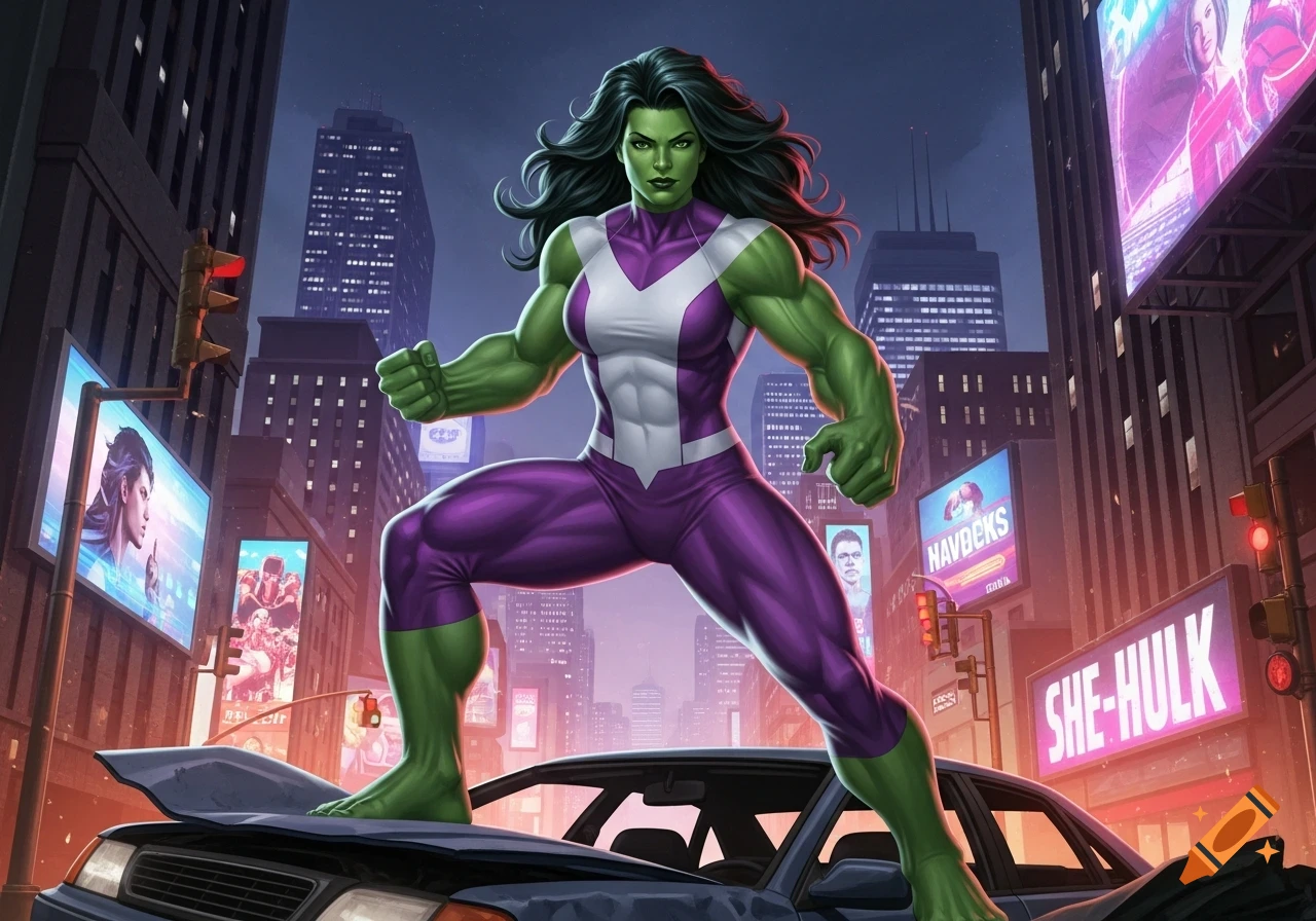 She-Hulk in her purple and white costume stands on a crushed car in a neon-lit city street at night, in a comic book art style.