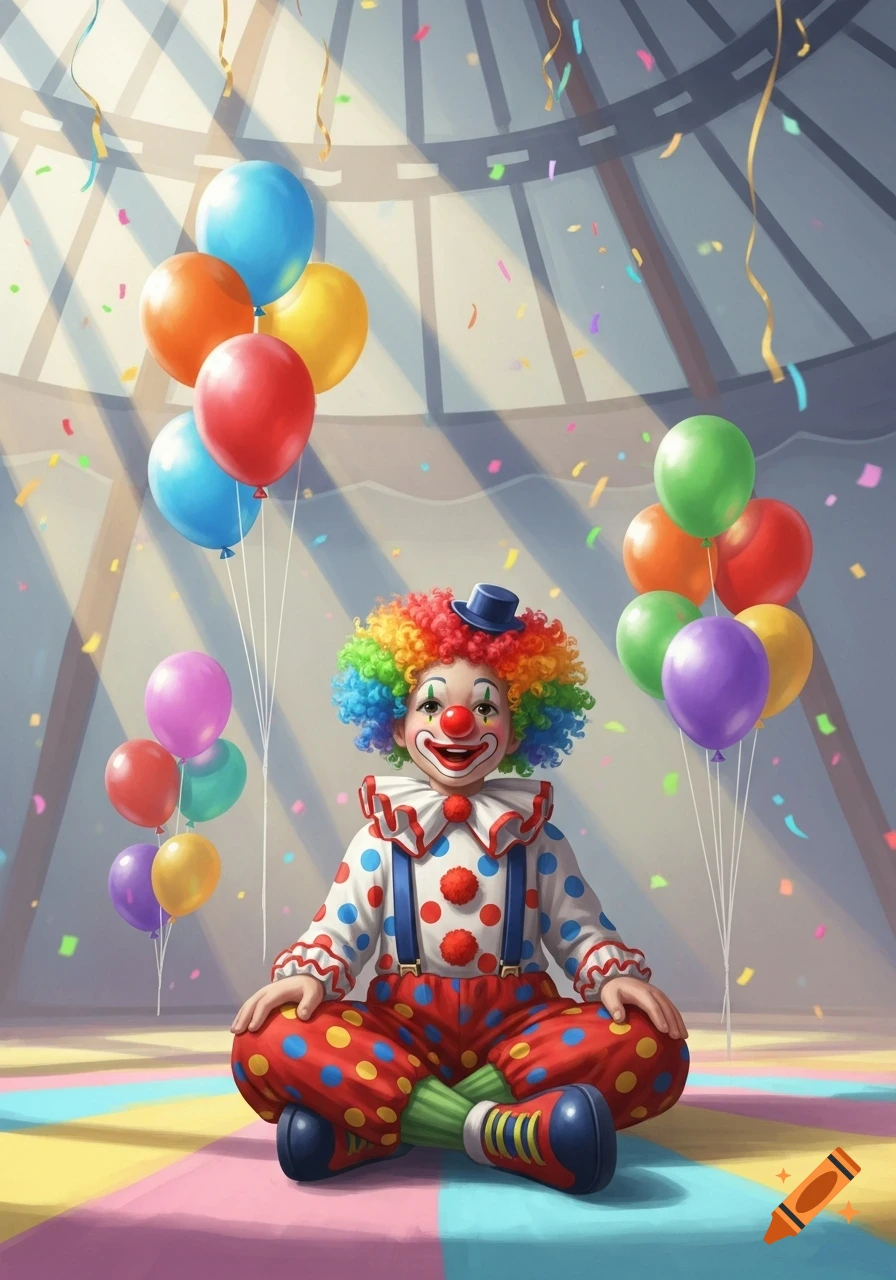 A cute, cartoon-style clown with a rainbow wig and tiny hat sits cross-legged in a circus tent, surrounded by colorful balloons and confetti.