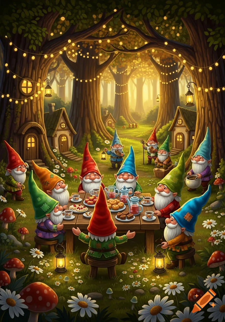Whimsical illustration of gnomes with colorful hats having a tea party in a magical forest lit by string lights.