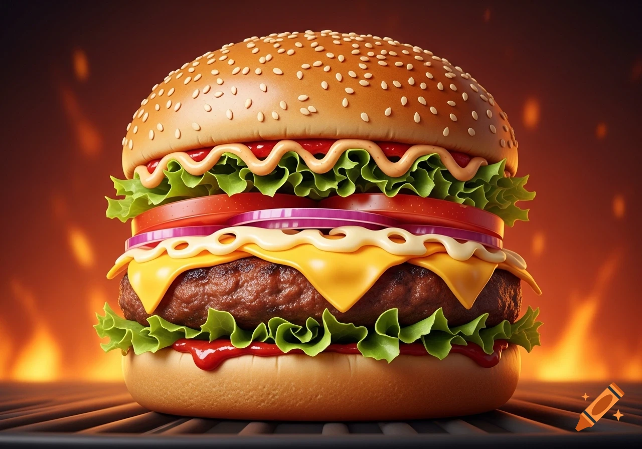 A detailed, juicy burger with lettuce, tomato, onion, cheese, and sauces on a grill with flames in the background.