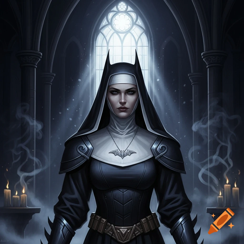A woman in a dark nun's habit and Batman armor with a Batman symbol necklace stands in a gothic church, lit by a window.