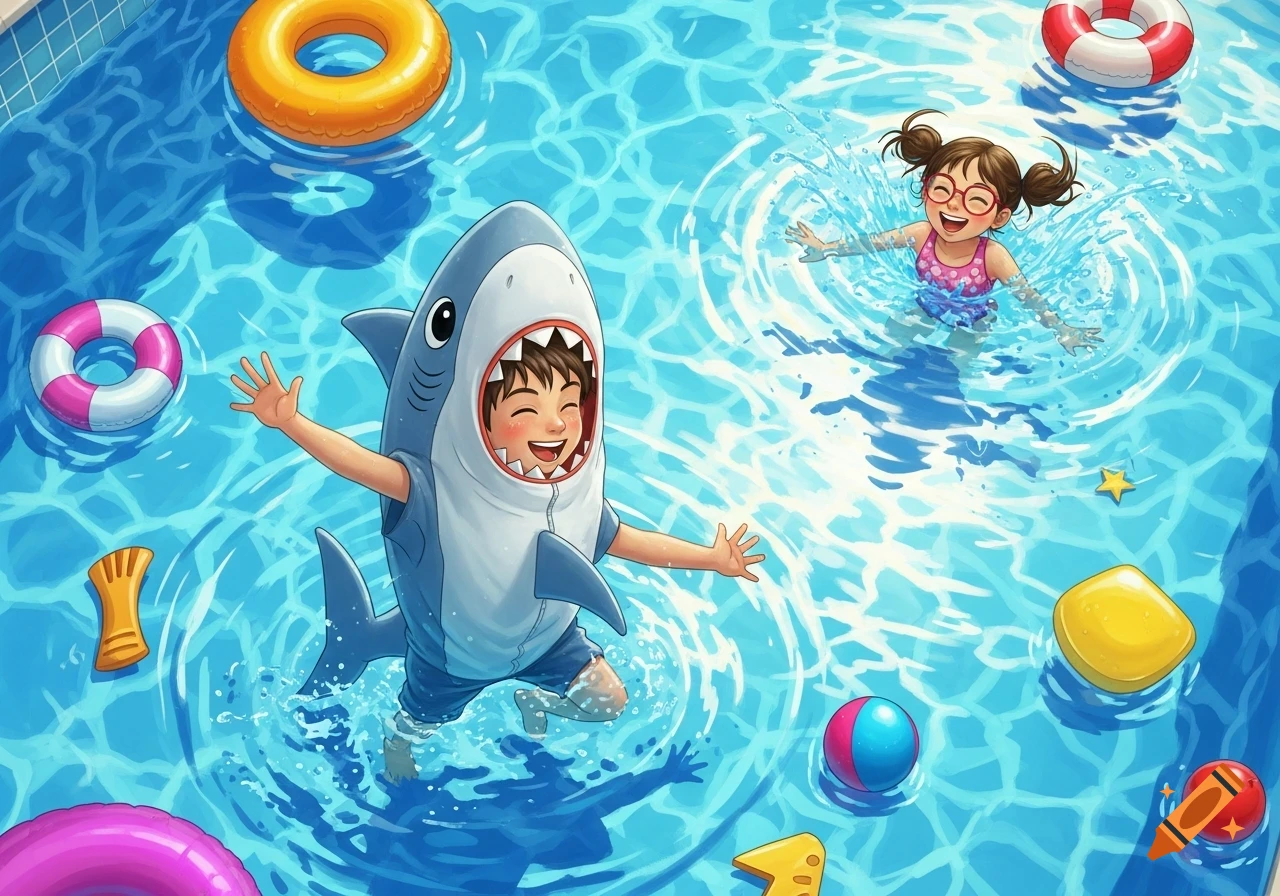 A cartoon illustration of a boy in a shark costume playing in a swimming pool, splashing towards a smiling girl with glasses.