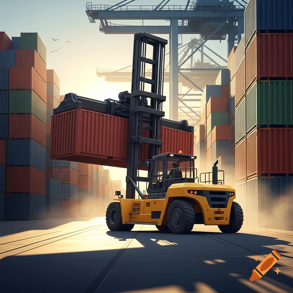 Yellow forklift lifting a red shipping container in a busy industrial port at sunset, with tall stacks of colorful containers.