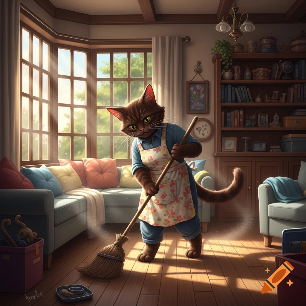 A grumpy-looking anthropomorphic brown cat in an apron and blue pants sweeps a sunlit wooden floor in a cozy living room.
