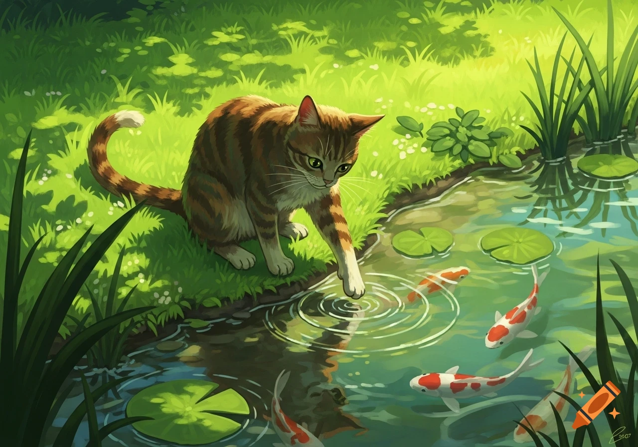 A curious tabby cat dips its paw into a pond with swimming orange and white koi fish and lily pads, surrounded by lush green grass.
