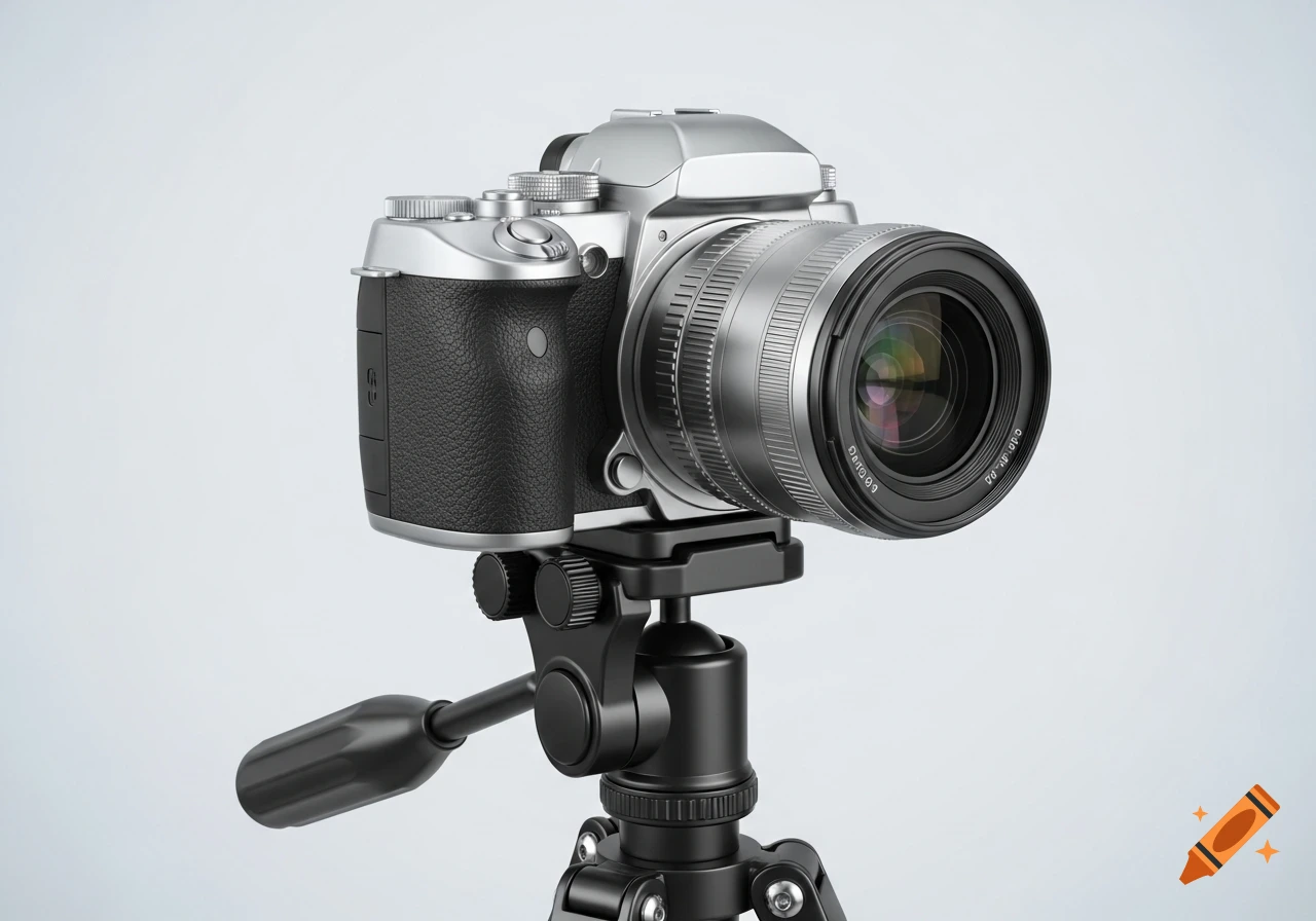 A sleek silver and black digital camera with a lens is mounted on a black tripod, photographed against a clean white studio background in professional product style.
