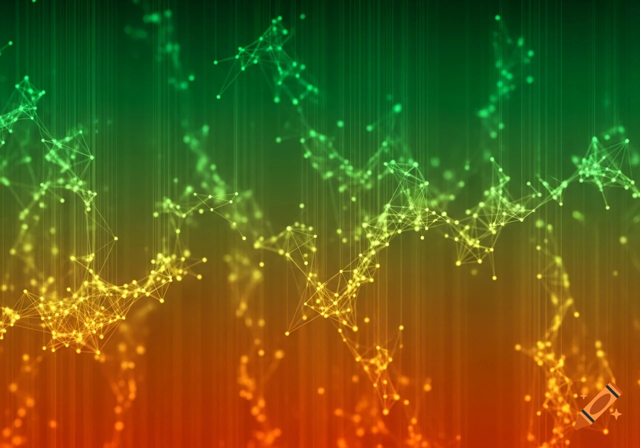 An abstract background with a green to orange gradient, featuring a dynamic network of interconnected yellow and green glowing points and lines.