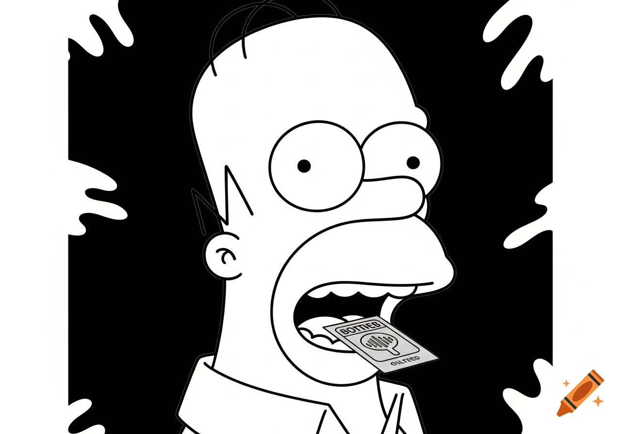 Black and white cartoon of Homer Simpson with a wide-open mouth, holding a small object labeled with gibberish text on his tongue, surrounded by white splash shapes.