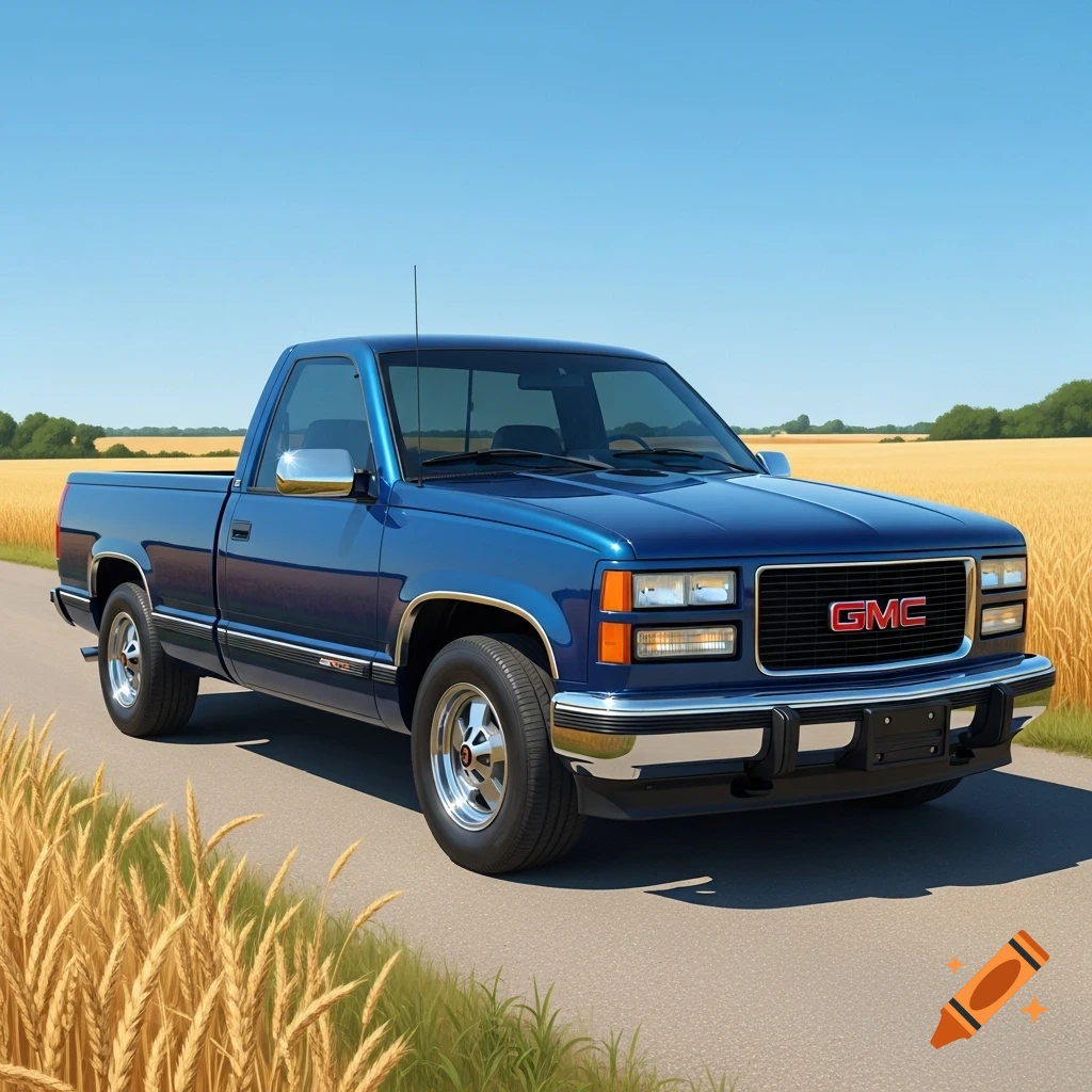 A blue GMC pickup truck is parked on a paved road next to a golden wheat field under a clear blue sky.