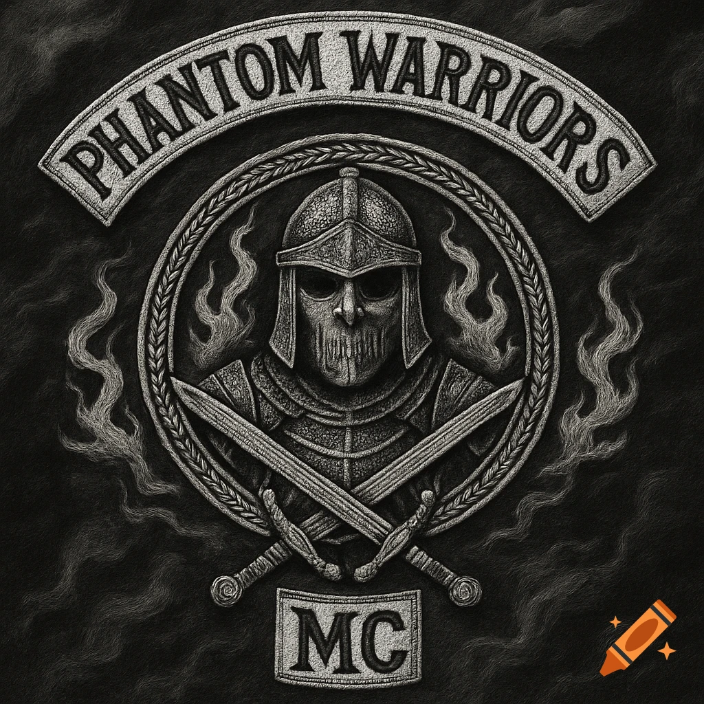 A black and white embroidered patch featuring a skull-faced warrior in a helmet, with crossed swords and the text "PHANTOM WARRIORS" and "MC".