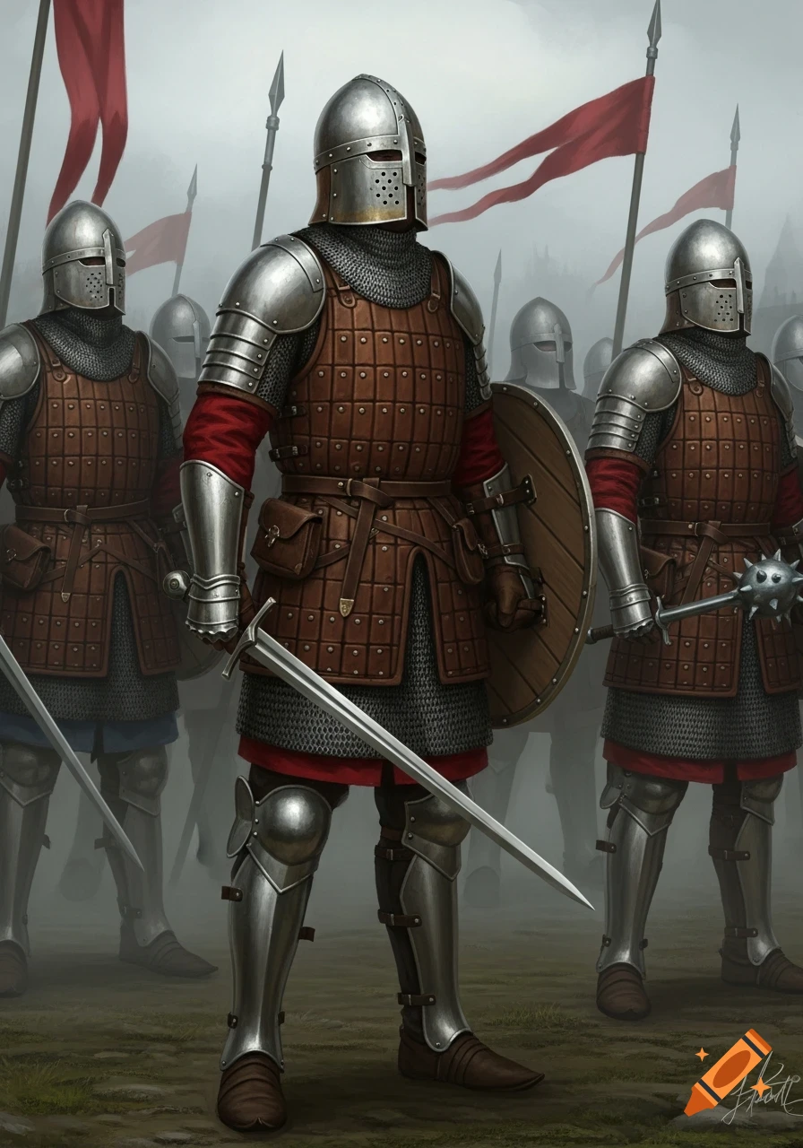 Medieval soldiers in detailed armor and chainmail stand in formation with swords and maces on a misty field.
