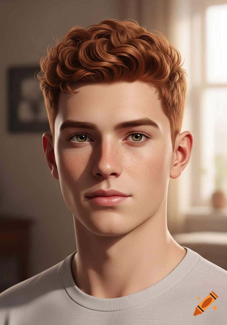 A photorealistic portrait of a young man with short curly red hair and subtle freckles, looking directly at the viewer.