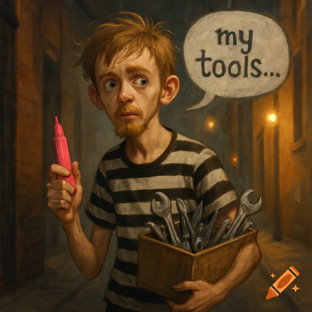 A stylized illustration of a scruffy, thin man in a striped shirt, holding a pink marker and a box of wrenches, with a speech bubble saying "my tools..."