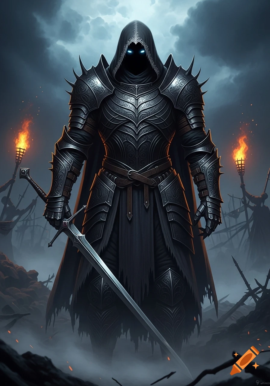 A mysterious hooded knight in ornate dark armor with glowing blue eyes holds a large sword on a desolate battlefield with fiery torches.