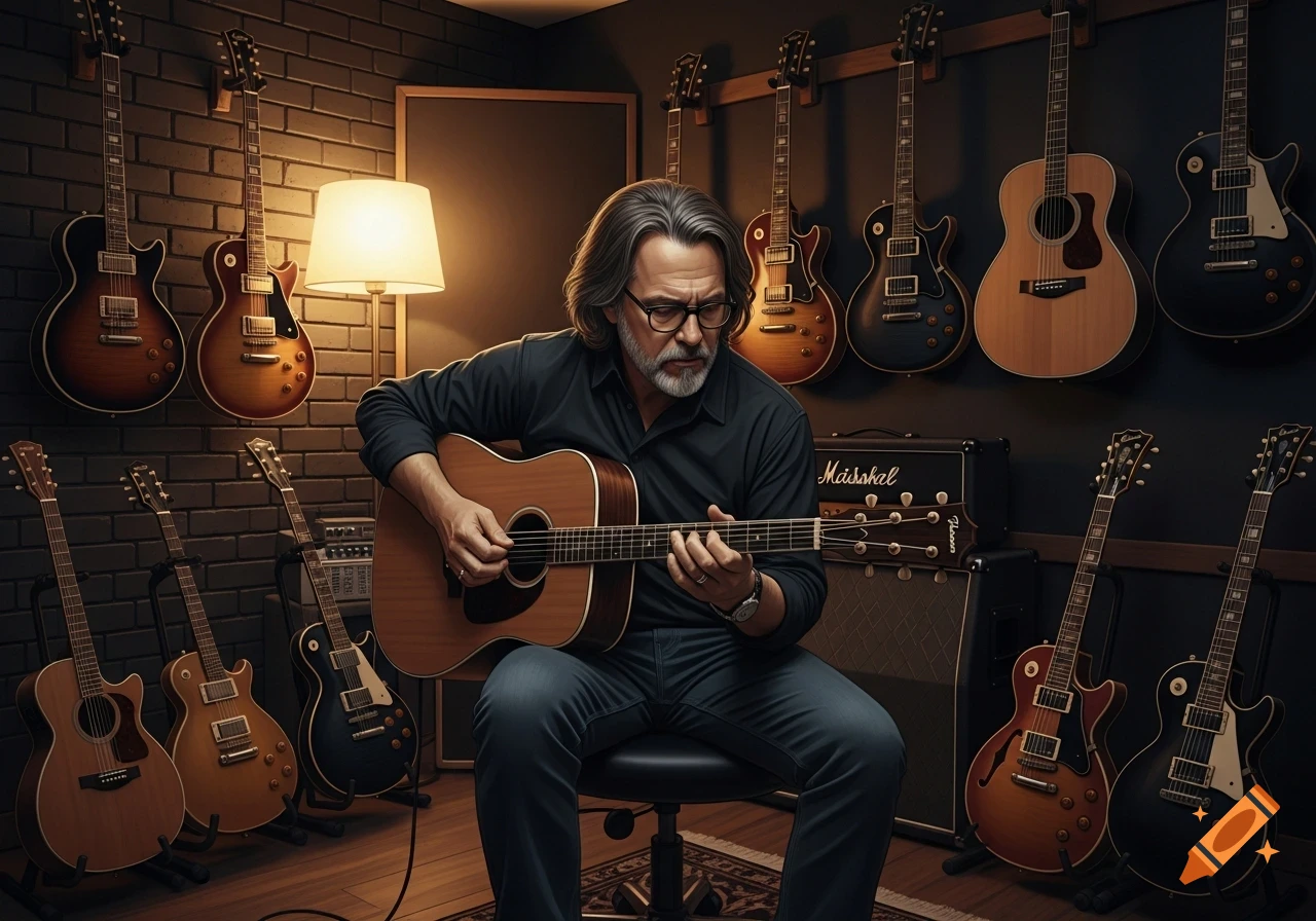 A man with glasses and a beard sits on a stool, playing an acoustic guitar in a music studio filled with guitars hanging on a dark brick wall.