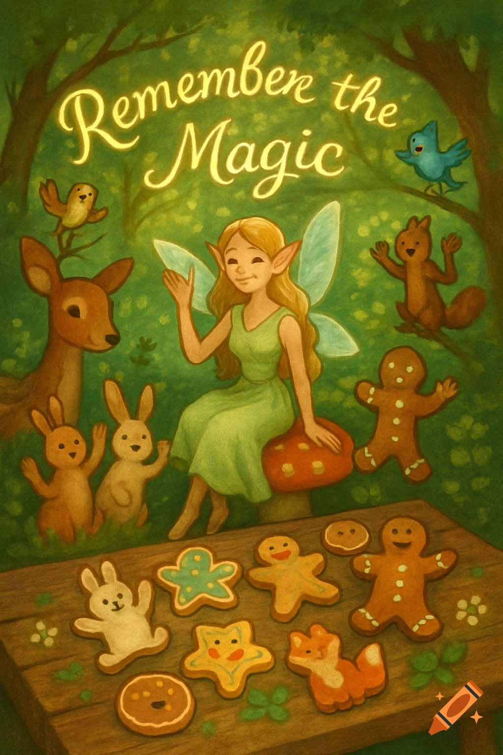 Whimsical illustration of a fairy and forest animals around a table with cookies, text reads "Remember the Magic".