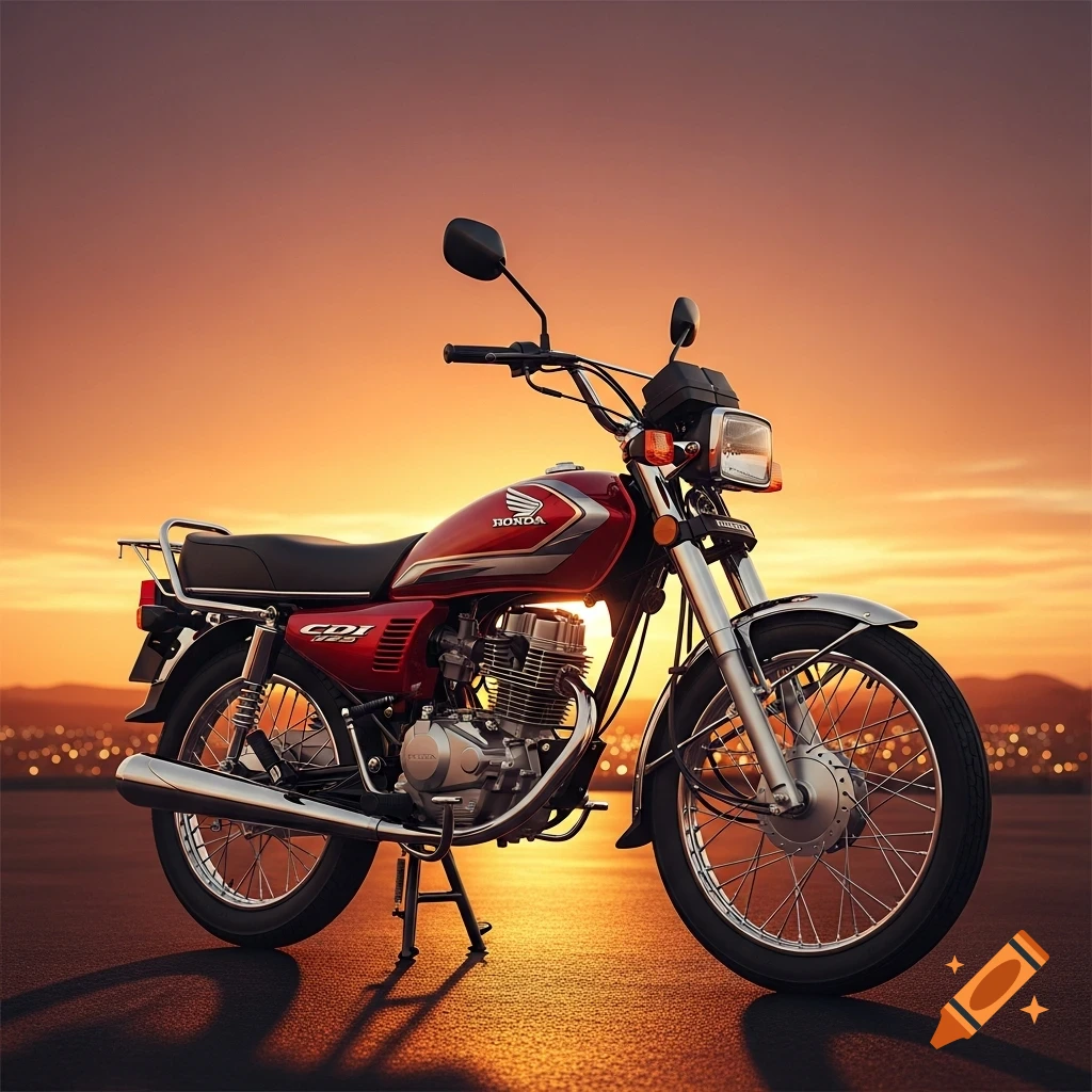 A red Honda CDI 125 motorcycle parked on a road at sunset with a city lights background.