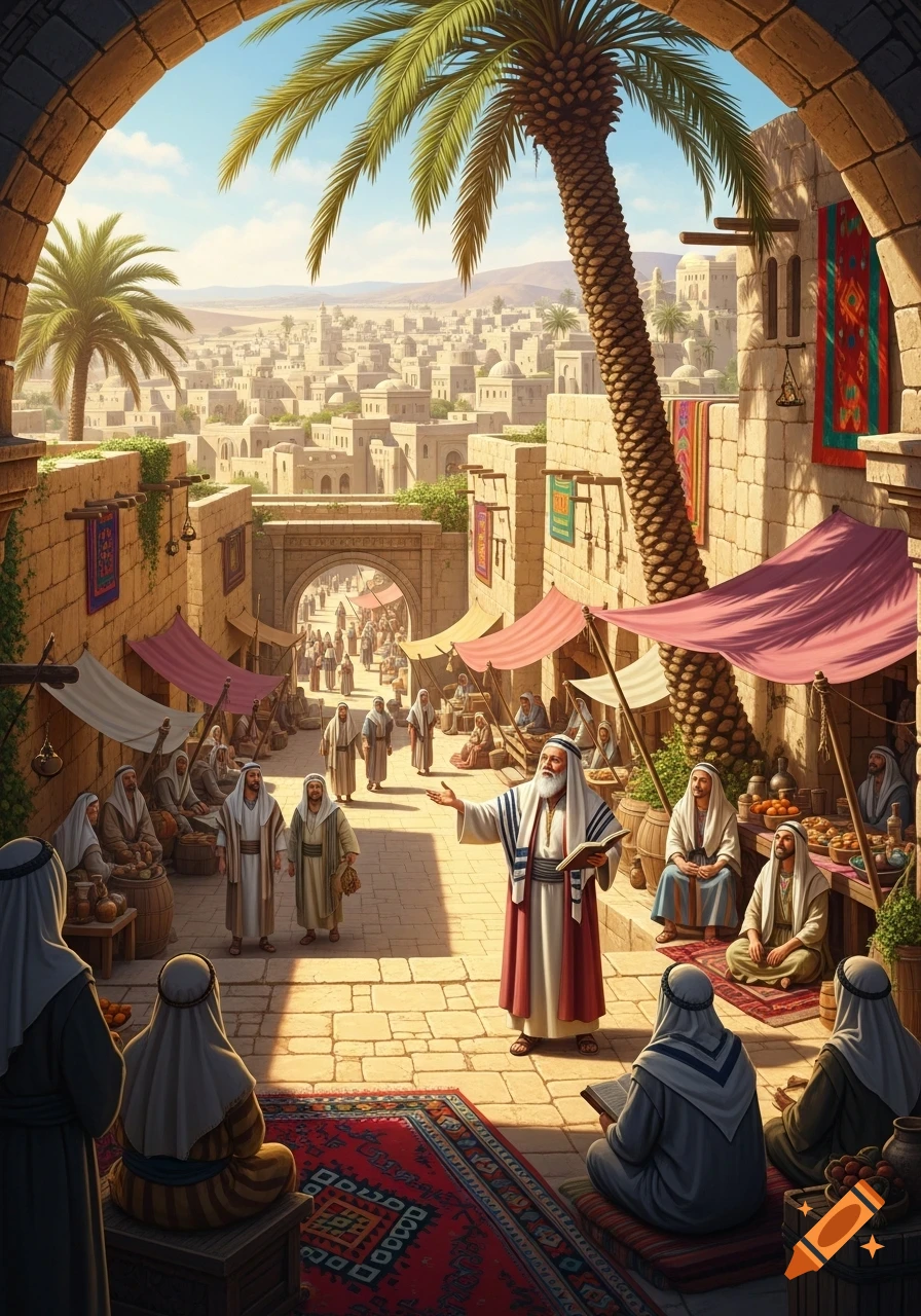 A robed man preaches to a crowd in a bustling ancient marketplace under an archway, with palm trees and a city in the background.