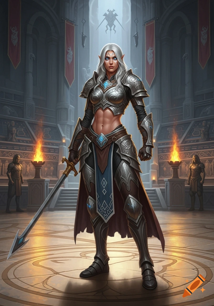 Full-body digital painting of a white-haired elf fighter in ornate silver armor, holding a sword in a grand stone hall.