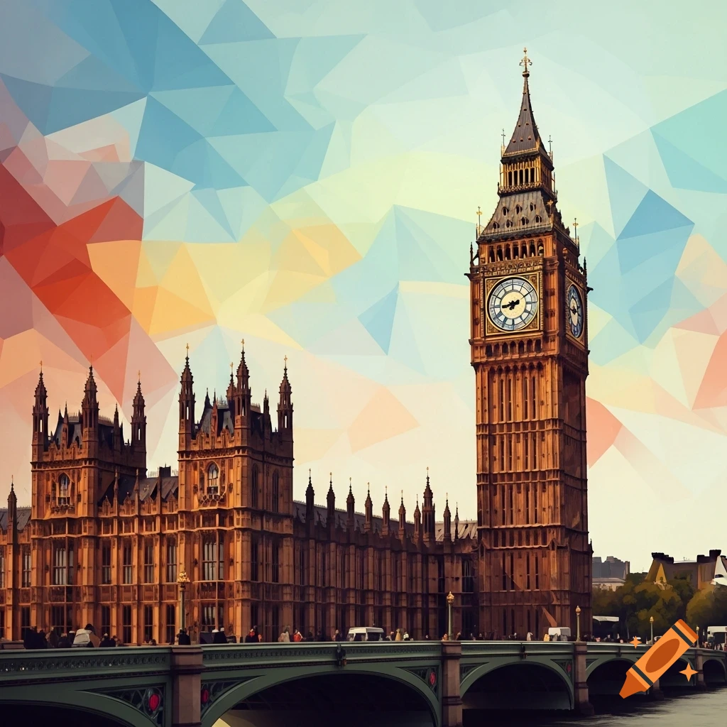 A cubist rendering of Big Ben and the Houses of Parliament in London, with a geometric, multi-colored sky.