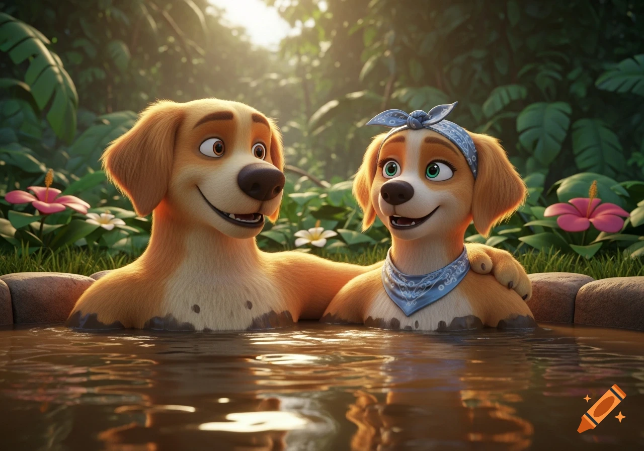 A male and female anthropomorphic retriever dog couple smiles while relaxing chest-deep in a mud hot tub in a lush jungle setting, 3D animated style.
