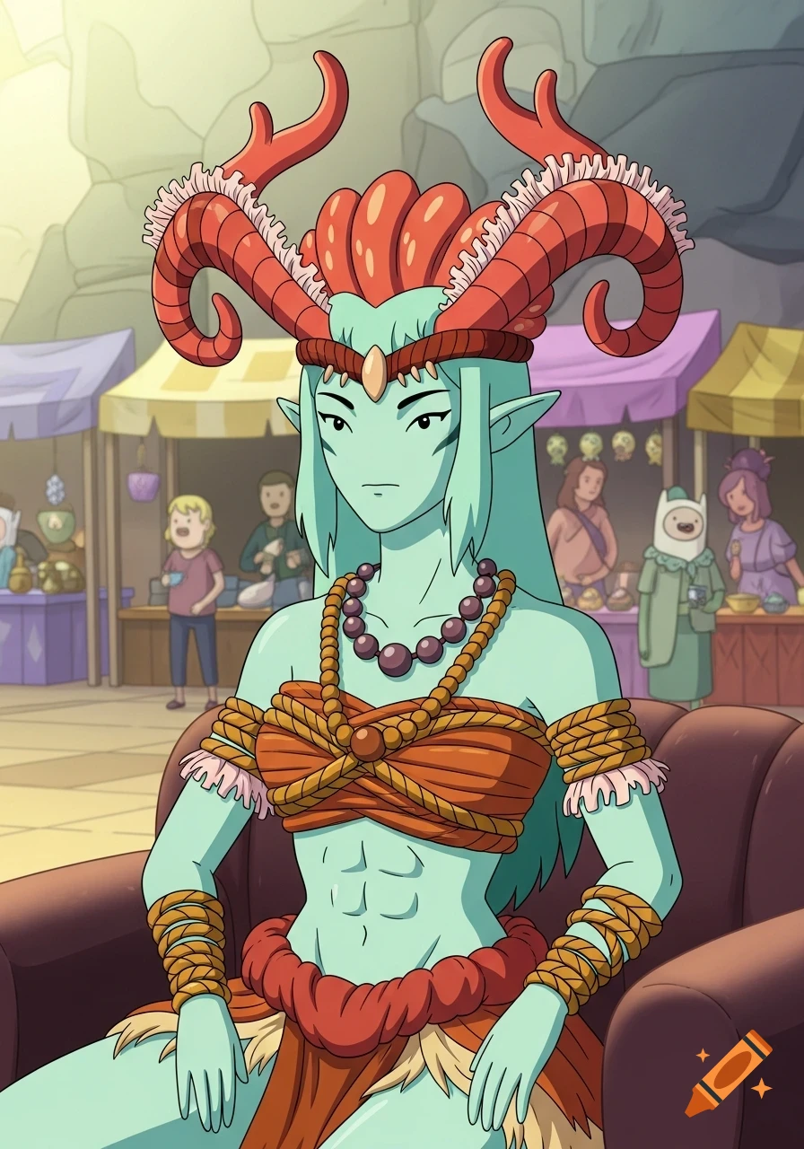 Sea-green skinned humanoid woman with coral horns and tribal rope clothing sitting in a bazaar, Adventure Time style.