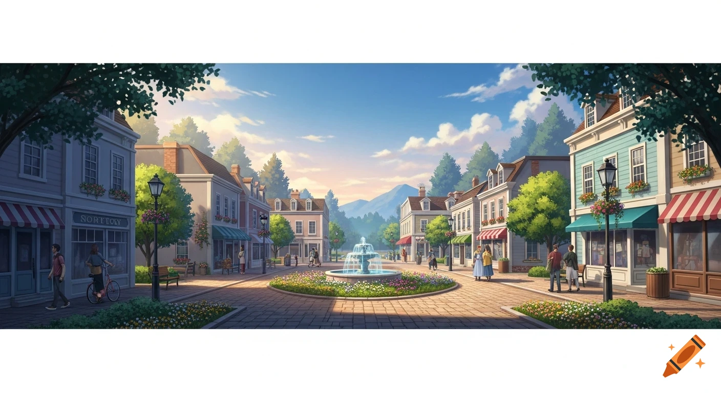 A peaceful town square with a central fountain, surrounded by colorful buildings, trees, and people, in a visual novel art style.
