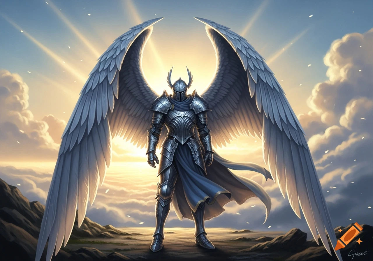 A majestic silver knight with large wings stands proudly on a rocky landscape beneath a radiant sky with clouds and sun rays.