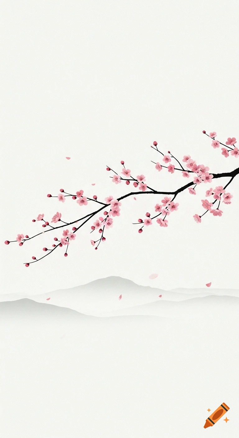 A minimalist Japanese art style illustration of a cherry blossom branch with pink flowers, subtly falling petals, and faint mountains.