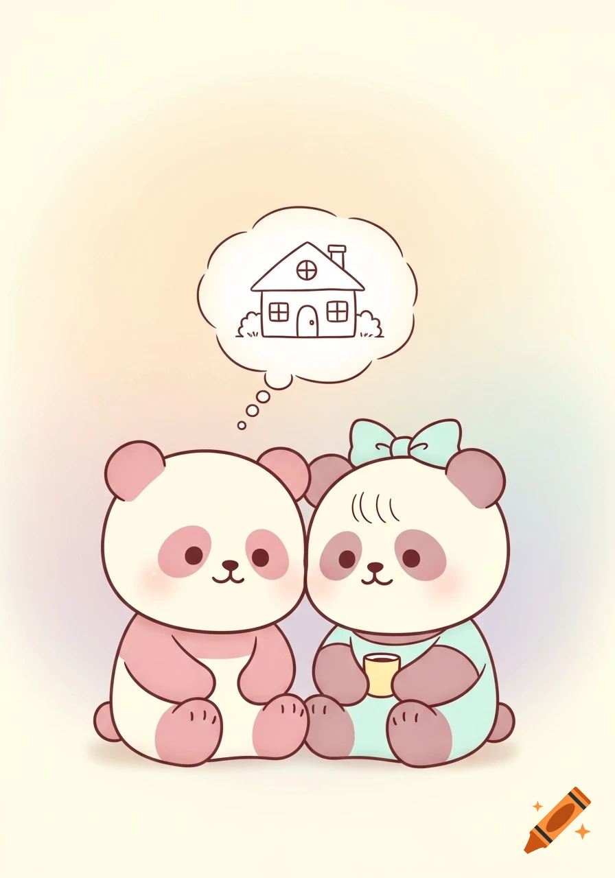 Two cute cartoon pandas, one pink and one blue, sit together dreaming of a house in a soft pastel, Korean-style illustration.