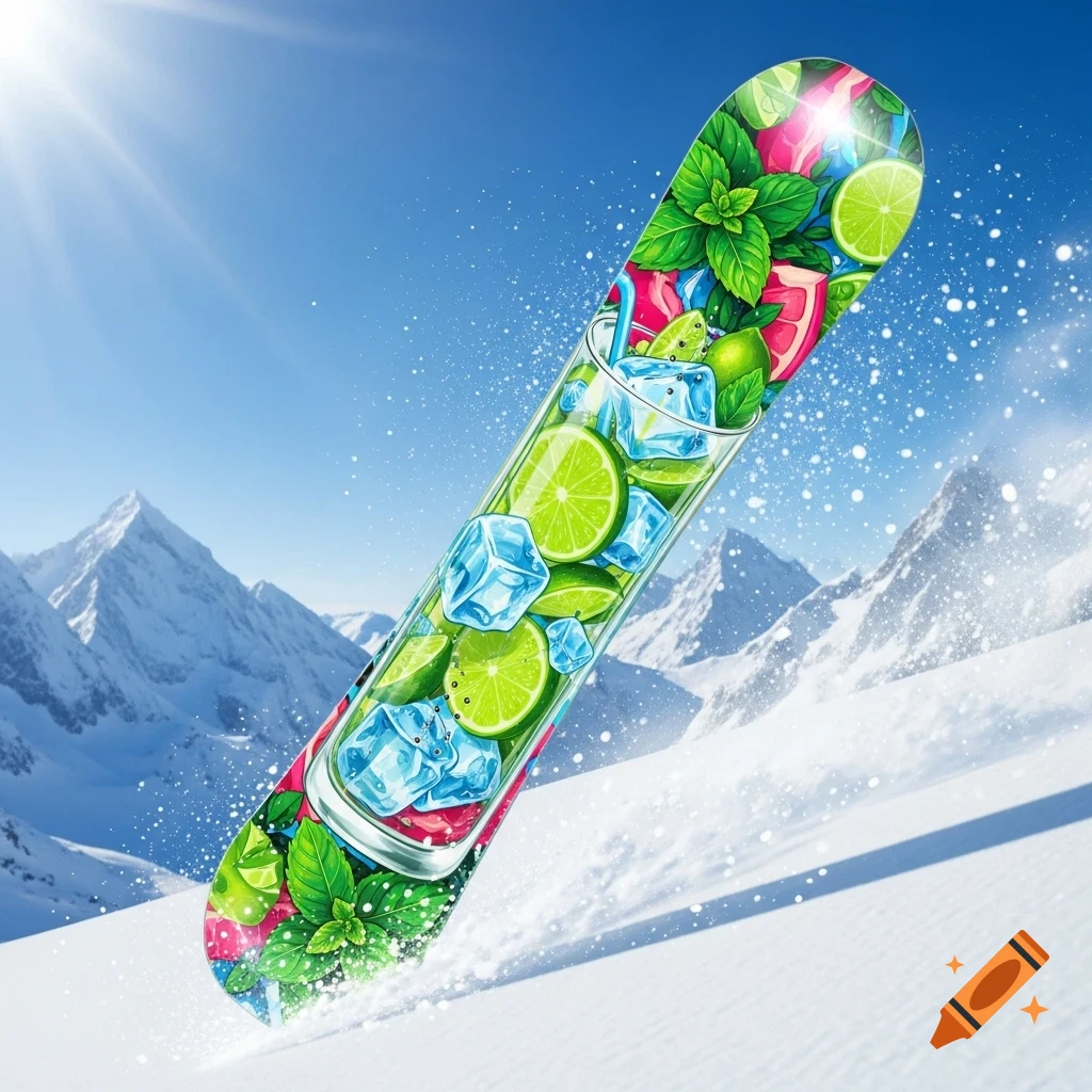 Vibrant illustration of a snowboard decorated with lime slices, mint leaves, and ice cubes, on a snowy mountain slope.