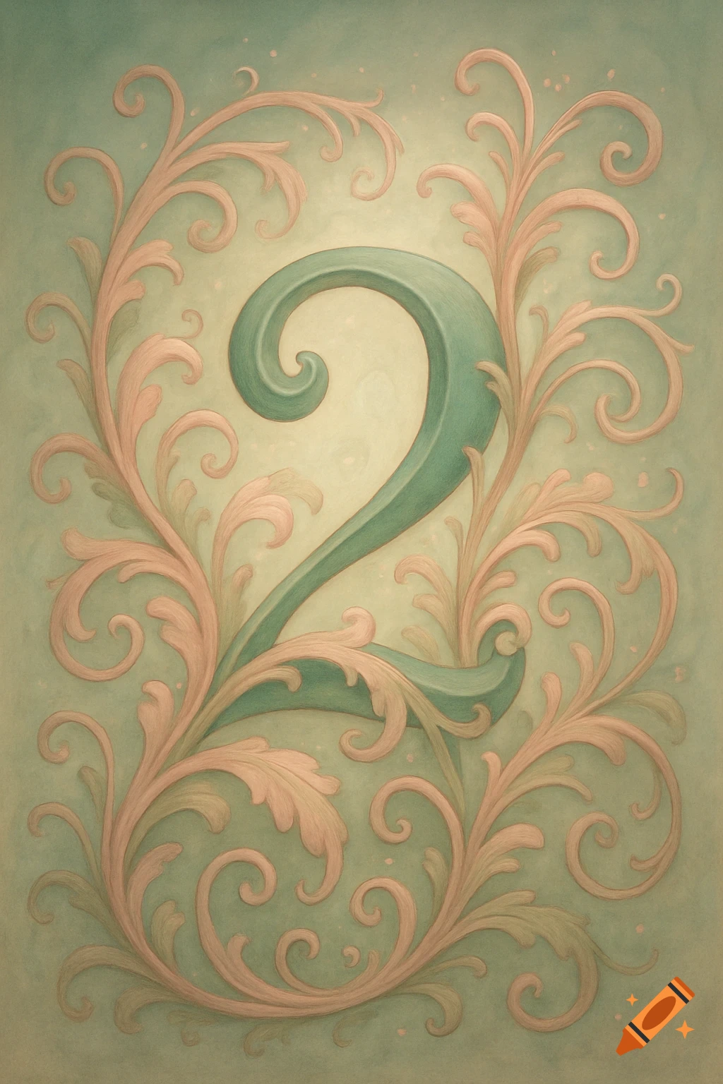 A stylized teal number 2 surrounded by ornate peach and green scrollwork, on a light greenish background.