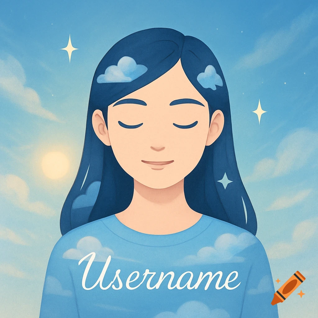 A stylized illustration of a person with closed eyes and blue hair, wearing a blue shirt with "Username" text, against a sky background with clouds and stars, depicting a peaceful and uplifting scene.