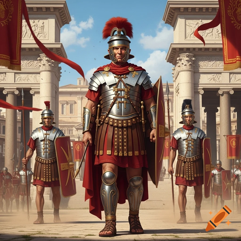 Three armored Roman soldiers stand before a grand Roman colonnade under a blue sky, in a detailed, photorealistic style.