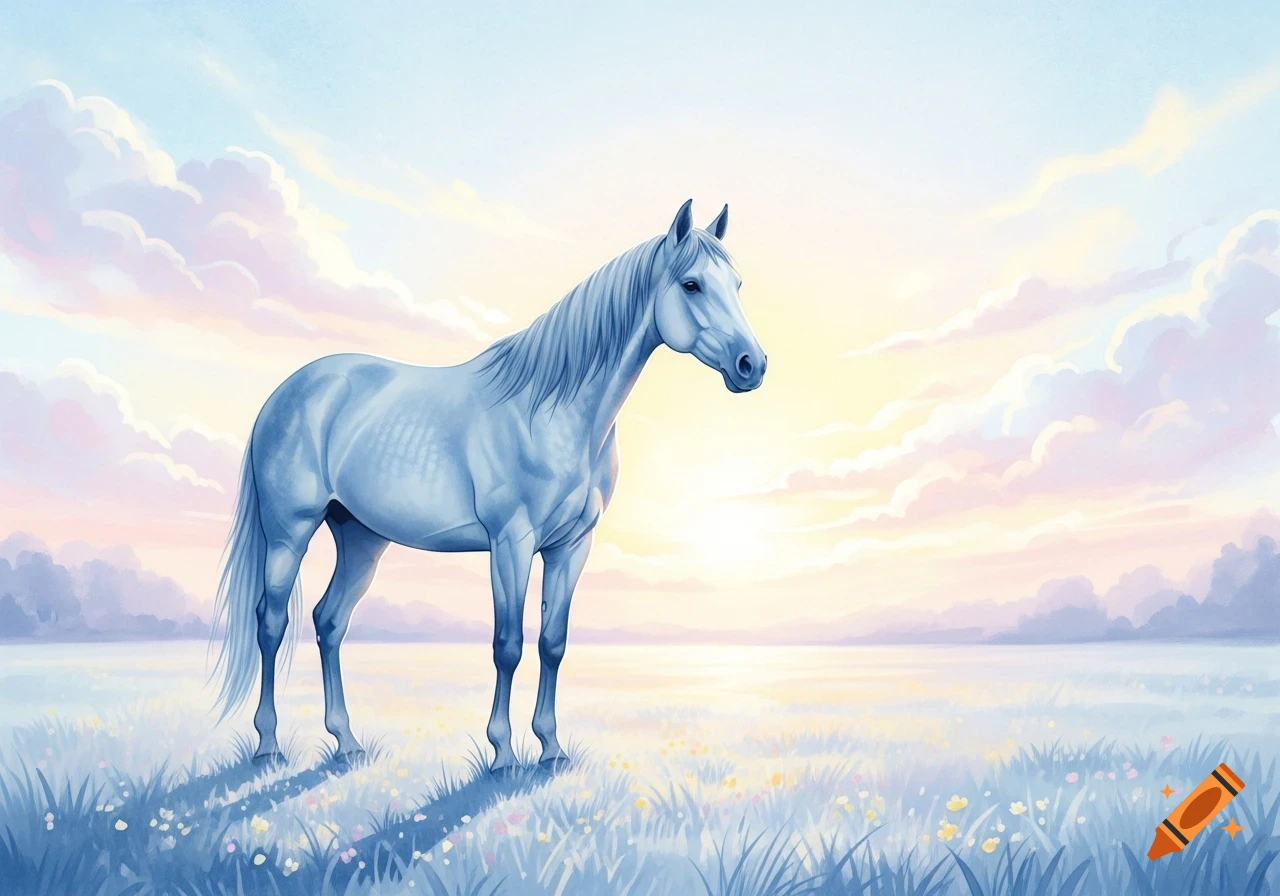 A graceful blue-toned horse stands in a flowery meadow under a pastel sky at sunrise, in a soft watercolor style.