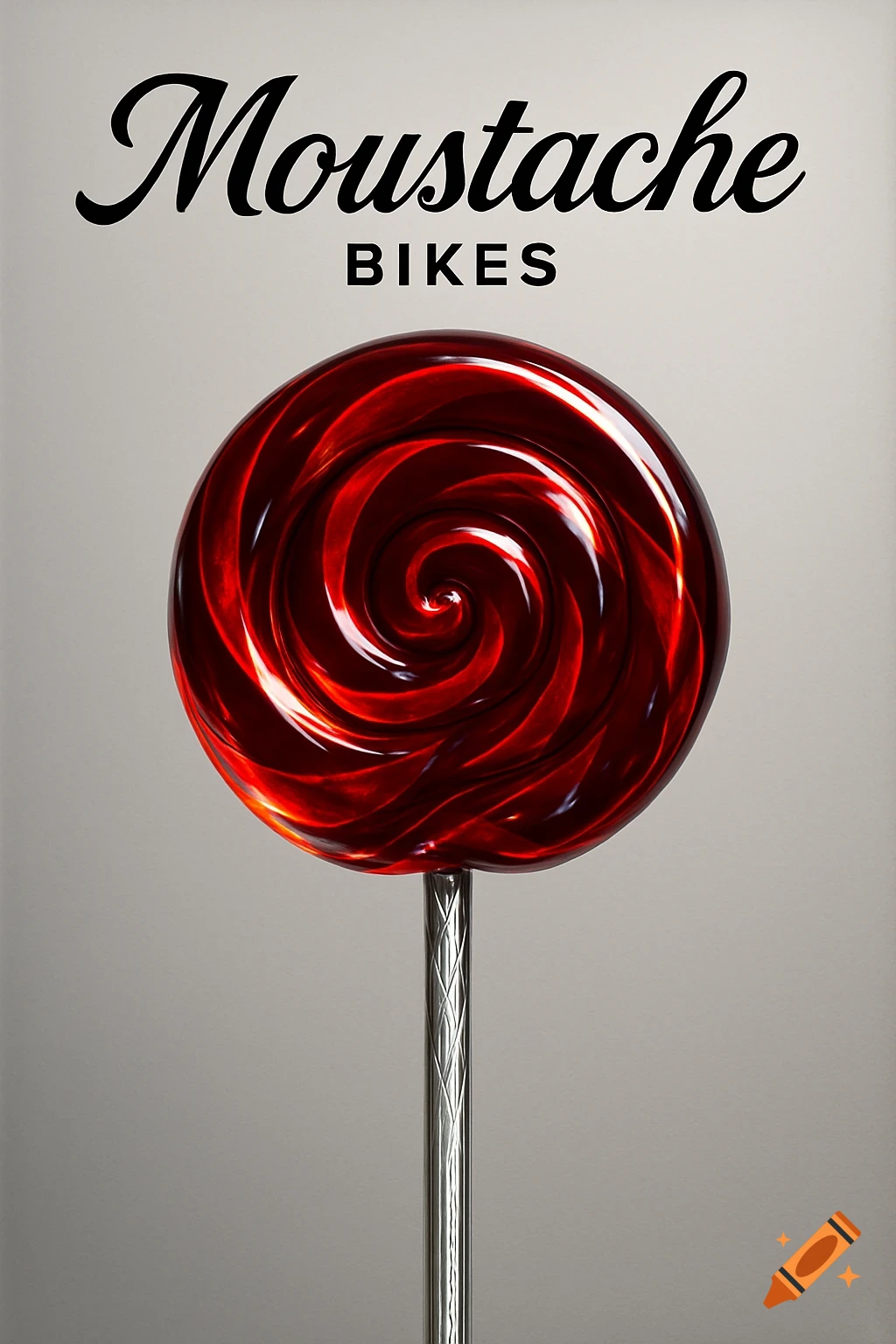 A large, glossy dark red swirl lollipop on a metallic stick with 'Moustache Bikes' text above it, against a grey background.