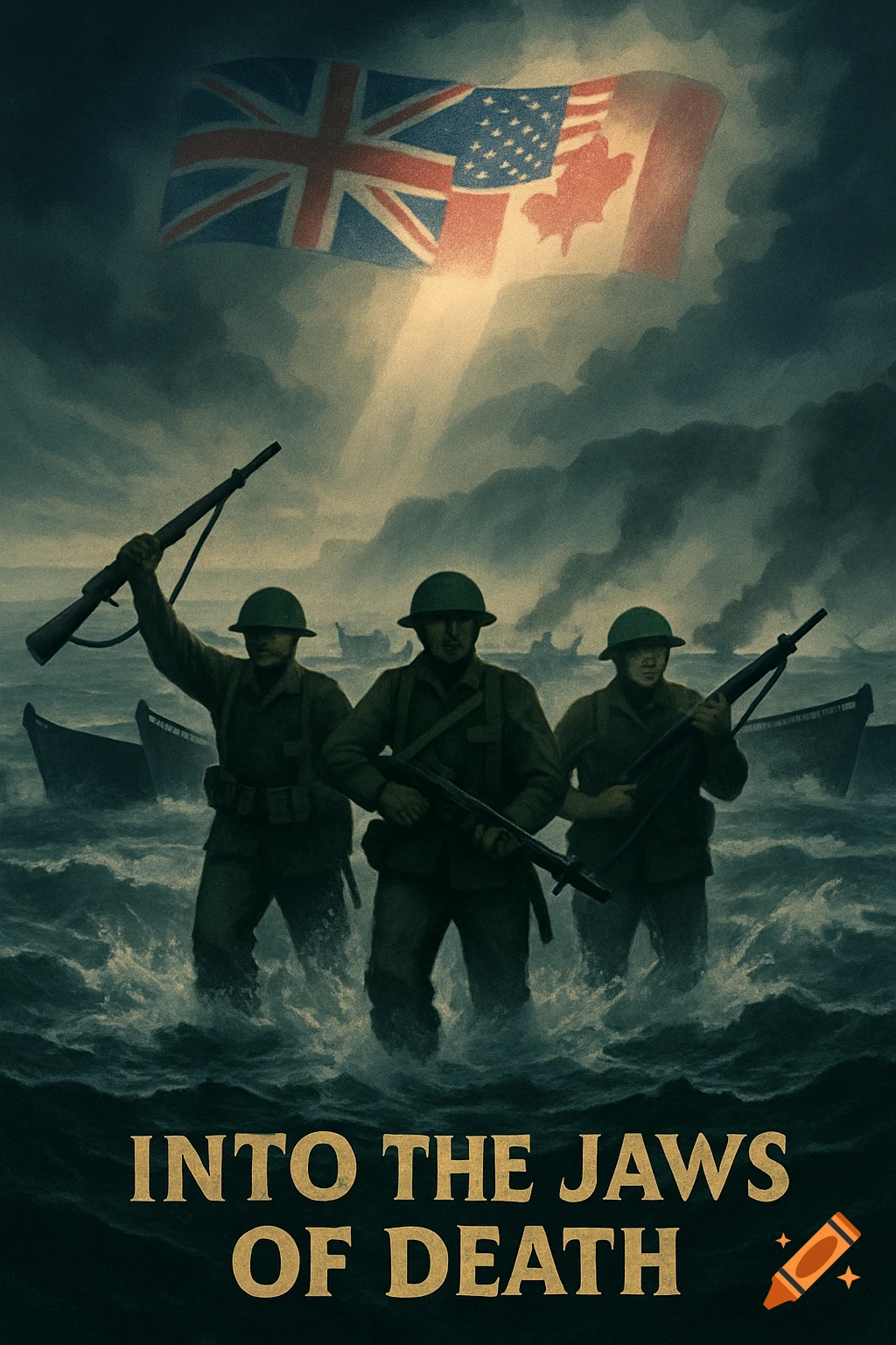 Stylized poster of three Allied soldiers wading through choppy seas with rifles, under a merged Union Jack, US, and Canadian flag.