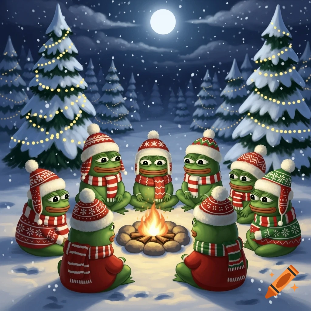 Cartoon Pepe frogs in Christmas attire sit around a campfire in a snowy forest under a full moon.