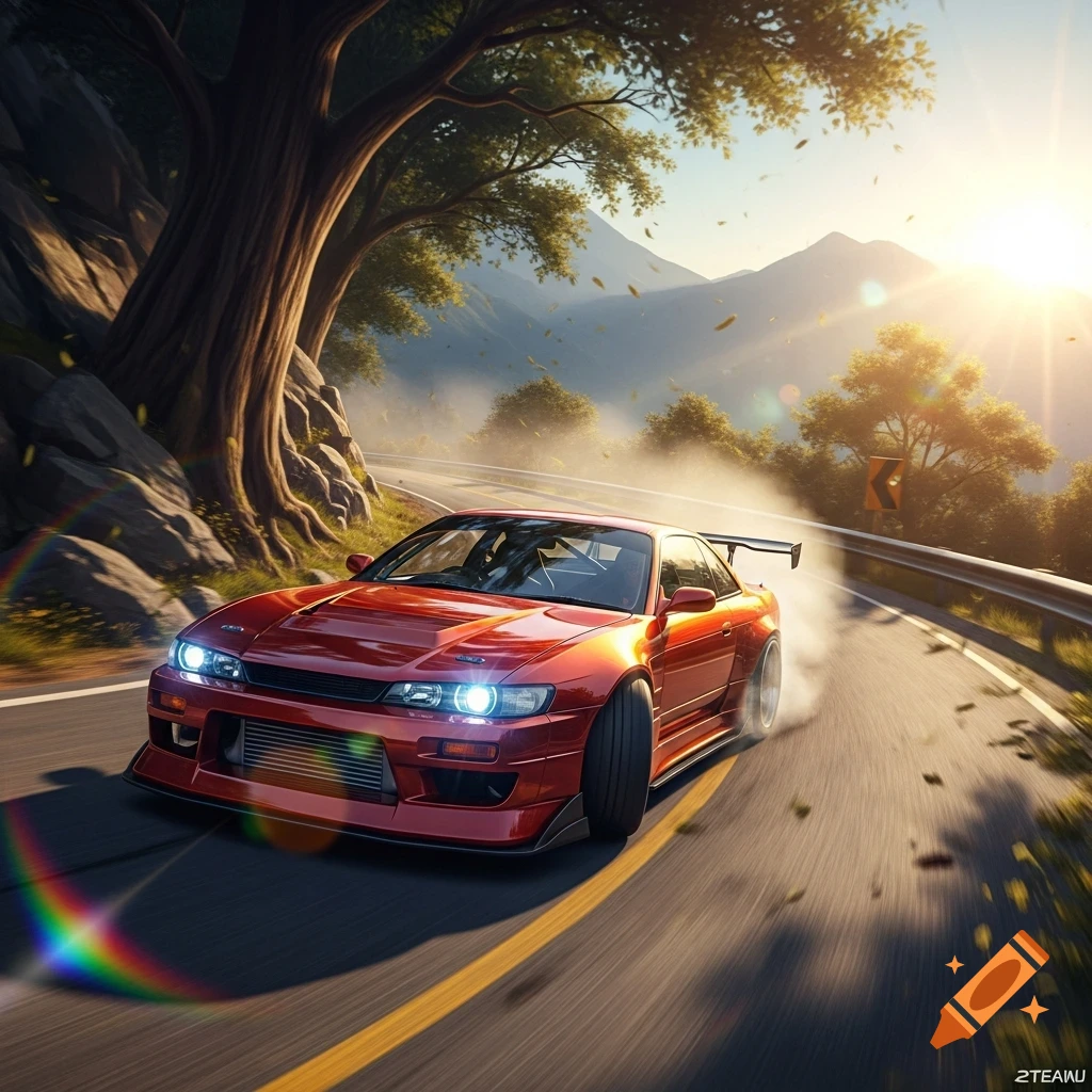A red sports car drifts on a winding mountain road at sunset, smoke rising from its tires, with lush trees and mountains in the background.