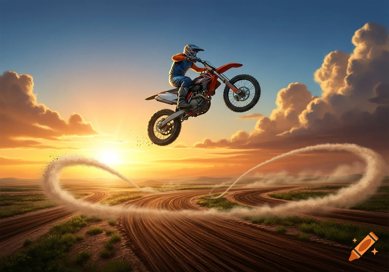 Motocross rider jumps a dirt bike over a track at sunset, leaving a dusty trail.