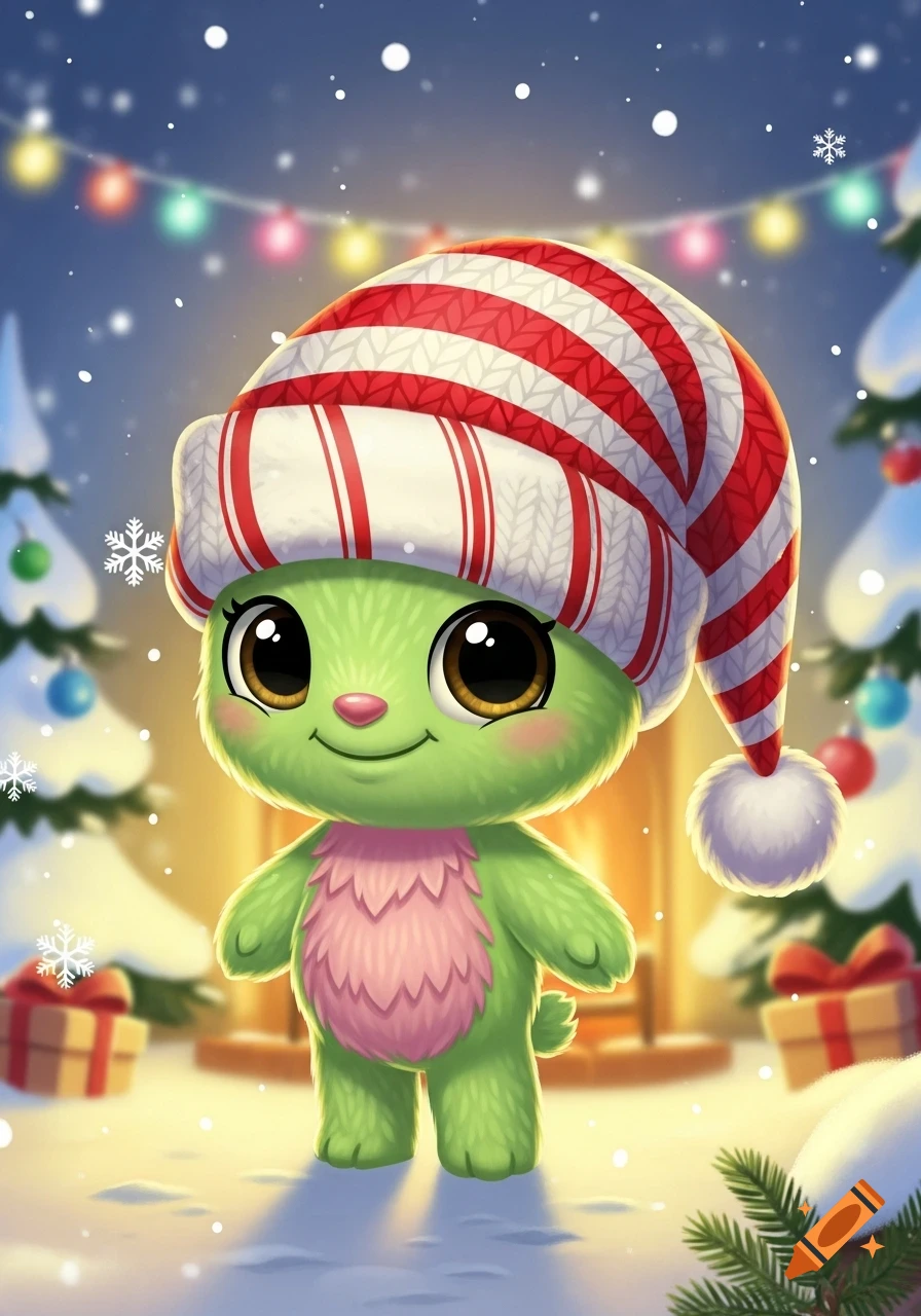 A cute green furry creature with big eyes and a pink belly wears a red and white striped Christmas hat in a snowy winter scene with festive lights.