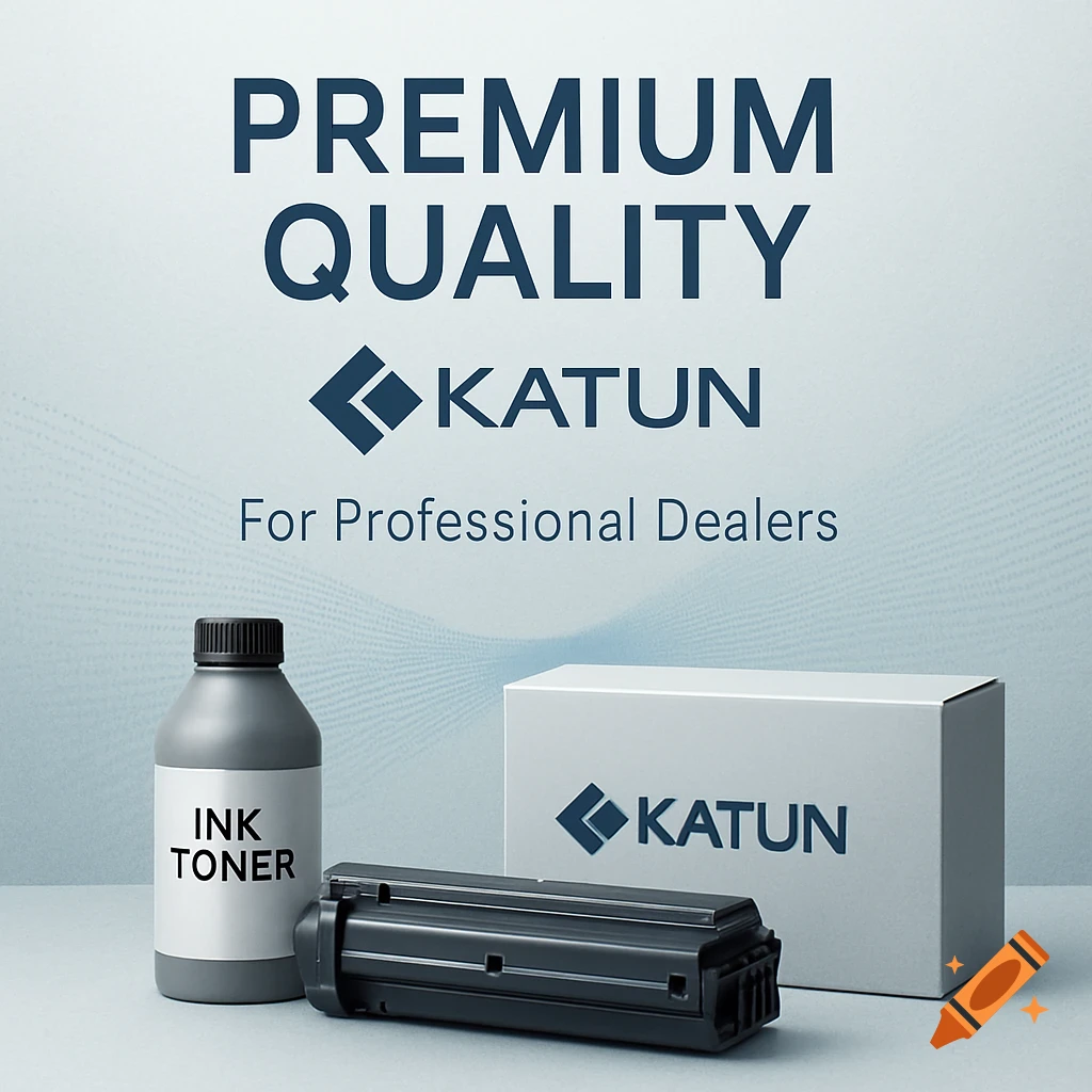 Ink toner bottle, cartridge, and box with KATUN logo, text 'PREMIUM QUALITY For Professional Dealers' on a light background.
