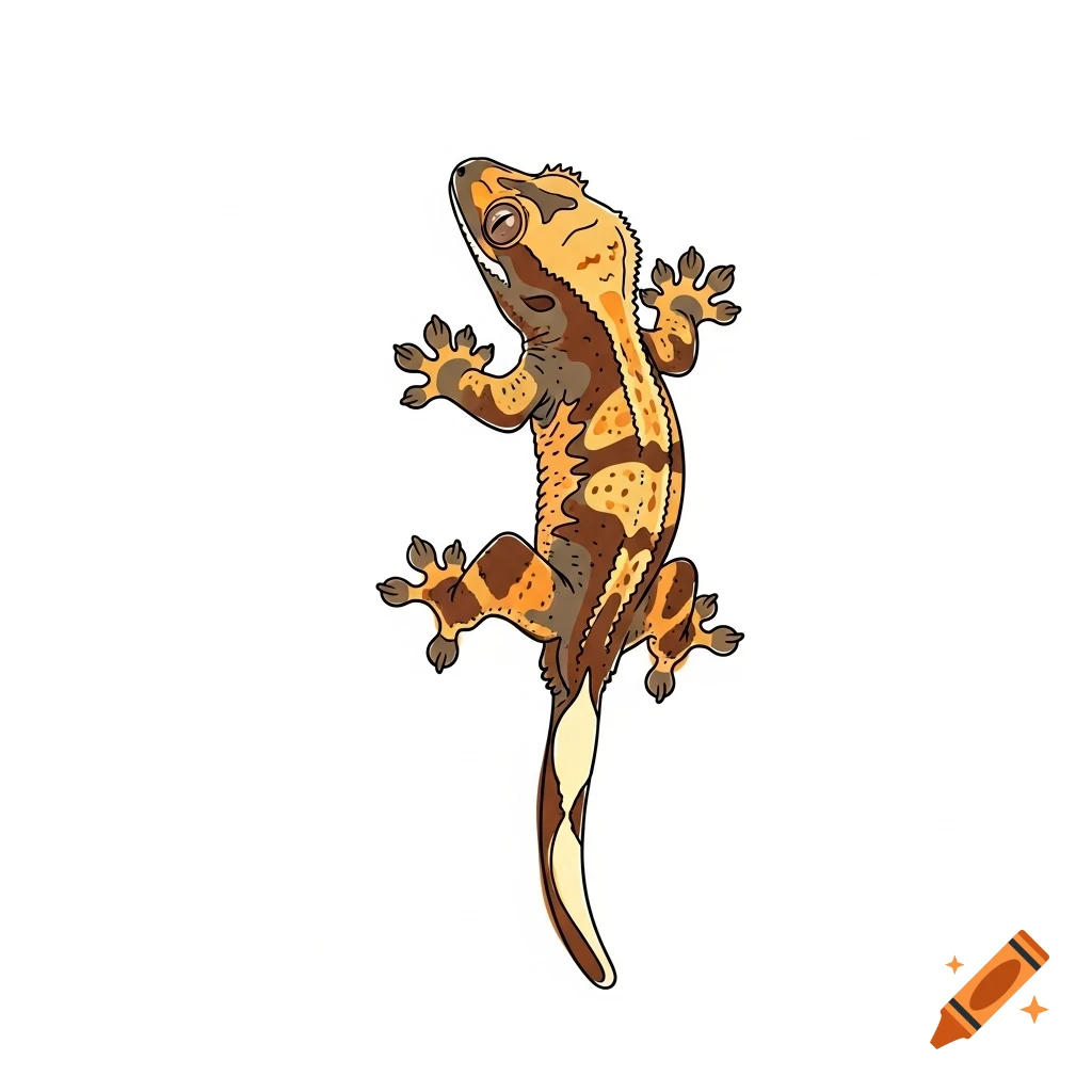 A vibrant line art illustration of a crested gecko with orange, brown, and cream markings, viewed from the side as if climbing.