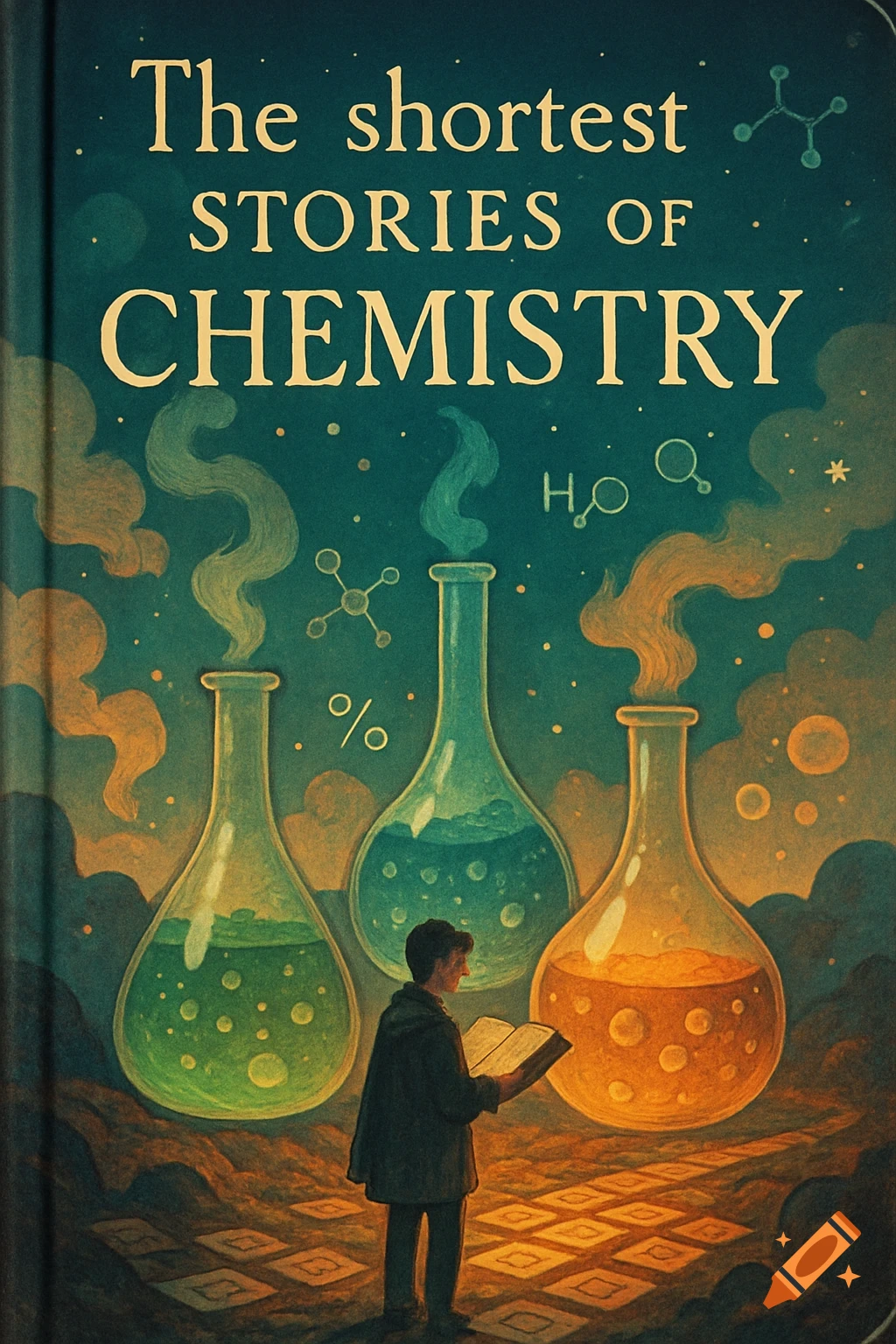A whimsical book cover titled 'The shortest STORIES OF CHEMISTRY' featuring a person reading in front of three glowing chemistry flasks.
