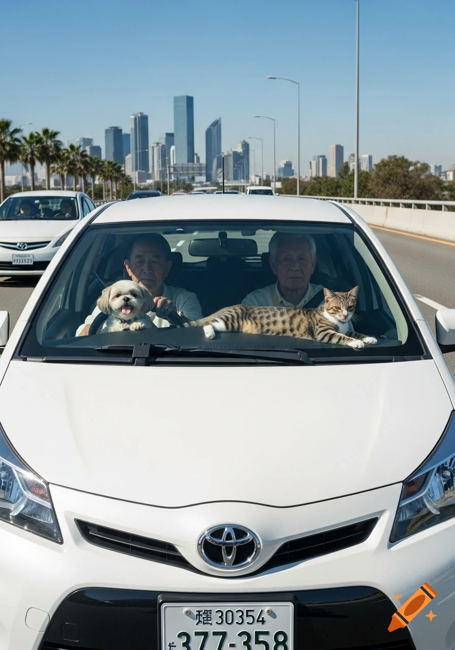 Photorealistic image of two old men in a white Toyota Yaris with a shih tzu on the driver's lap and a tabby cat on the dashboard, on a freeway with a cityscape in the background.