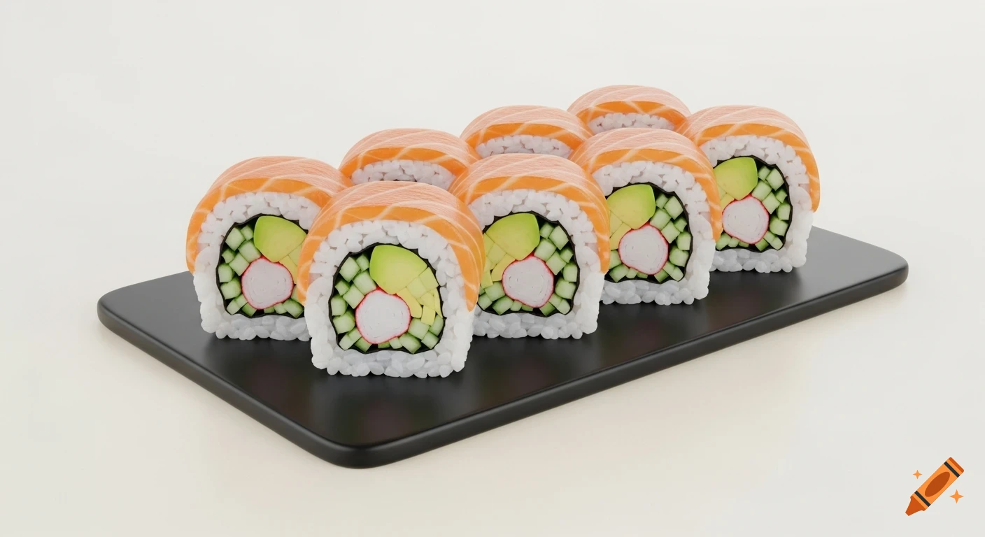 Eight realistic California sushi rolls with salmon, avocado, cucumber, and crab stick on a black plate.
