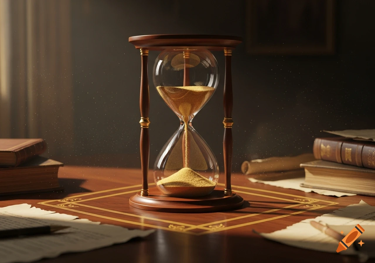 A detailed hourglass with golden sand pouring, placed on an ornate wooden desk among old books and papers, lit by a warm glow.