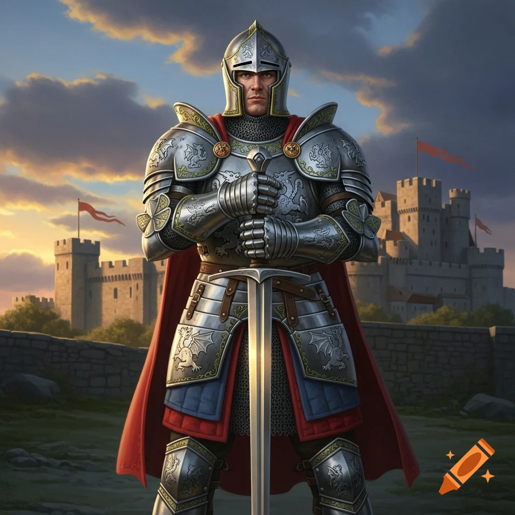 A detailed illustration of a medieval knight in shining armor, holding a sword, standing before a castle at sunset.