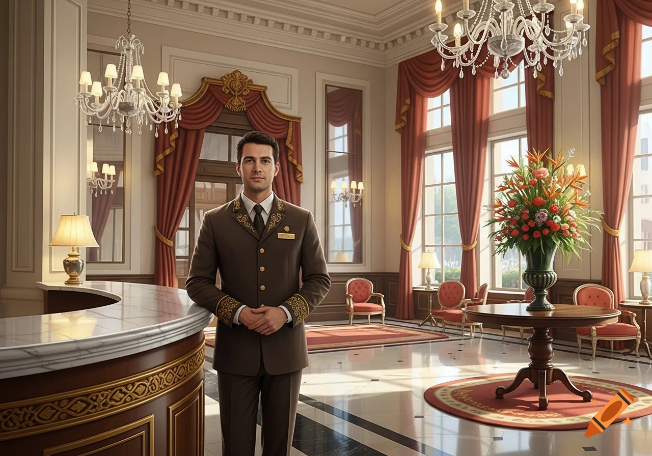A photorealistic image of a hotel staff member in a brown uniform standing in an elegant hotel lobby.
